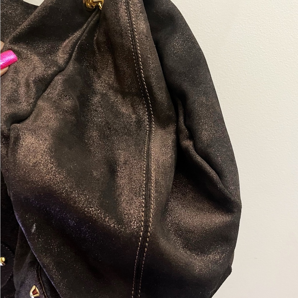 Maurizio Taiuti Brown Suede Shoulder Bag with Gold Chain Chic Classy Minimalist - Picture 8 of 13